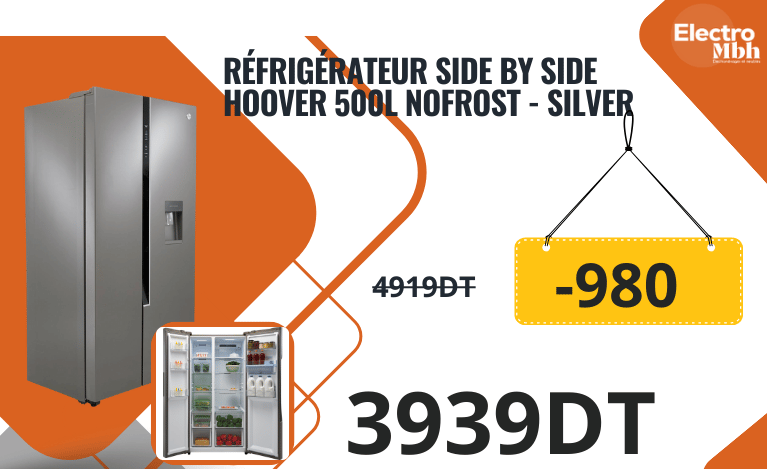 Réfrigérateur Side By Side HOOVER HHSWD918F1XK - 500L NoFrost - Silver  