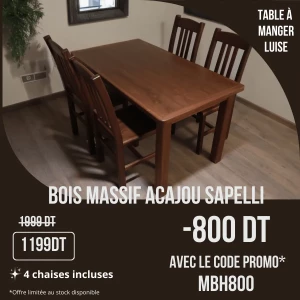 Table à manger Luise + 4 chaises en bois massif Acajou sapelli 