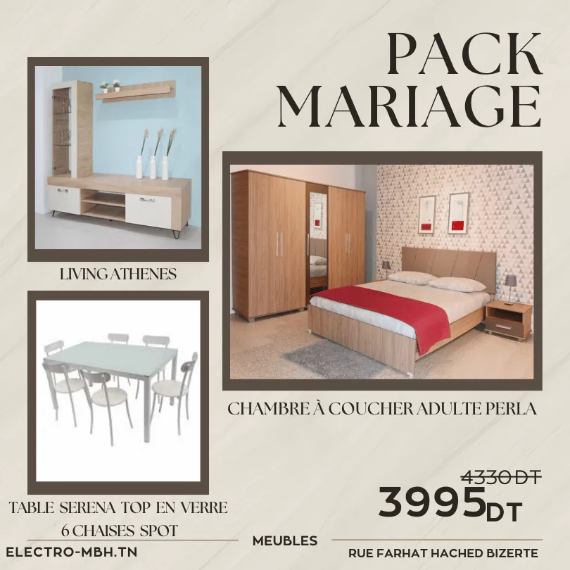 Notre offre Pack MARIAGE - Meubles Chambre + Living + Table + chaises